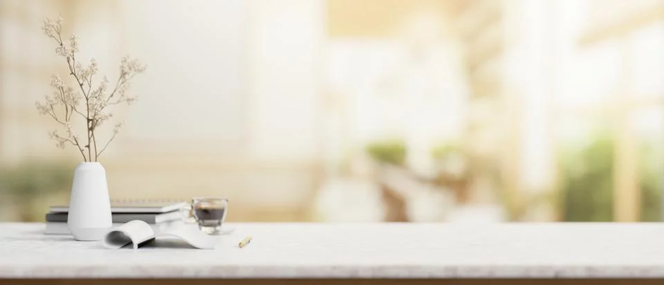 A white marble table features a copy space with a blurred background of a m.. Stock Illustration