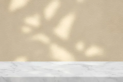 White Marble Table with Tree Shadow on Concrete Wall Texture Background in .. Illustration