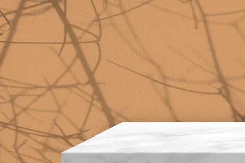White Marble Table with Tree Shadow on Beige Concrete Wall Texture Background Stock Photos