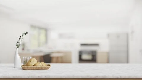 A white marble tabletop with empty space, a bread basket, and decor in a mo.. Stockillustratie