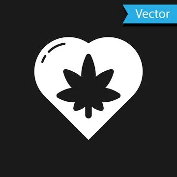 White Marijuana leaf in heart shape icon isolated on black background. Hemp Illustrazione stock