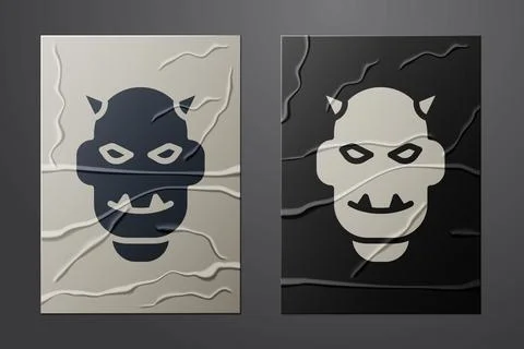 White Mask of the devil with horns icon isolated on crumpled paper background Illustrazione stock