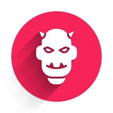 White Mask of the devil with horns icon isolated with long shadow. Red circle Stock Illustration