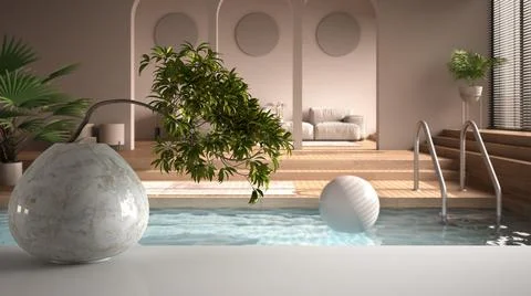 White mat table shelf with round marble vase and potted bonsai, green leaves, Stock Illustration