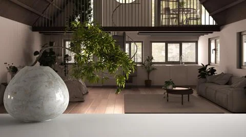 White mat table shelf with round marble vase and potted bonsai, green leaves, Stock Illustration
