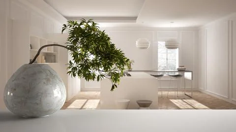 White mat table shelf with round marble vase and potted bonsai, green leaves, Stock Illustration