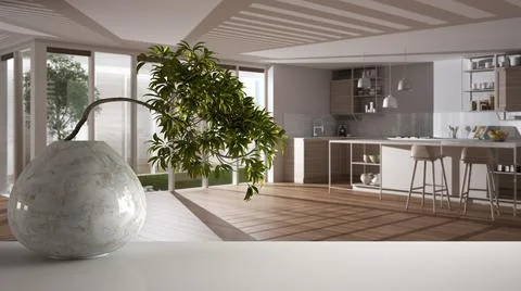 White mat table shelf with round marble vase and potted bonsai, green leaves, Stock Illustration