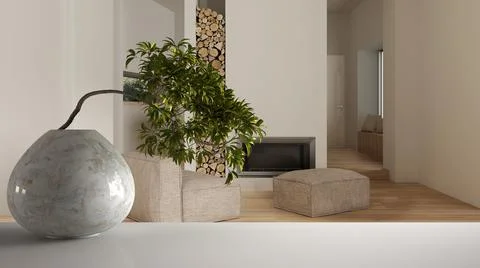 White mat table shelf with round marble vase and potted bonsai, green leaves, Stock Illustration
