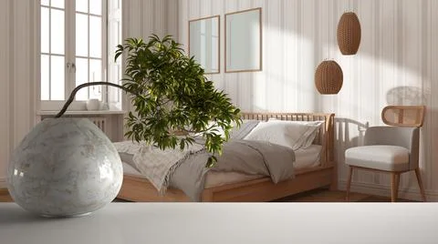 White mat table shelf with round marble vase and potted bonsai, green leaves, Stock Illustration