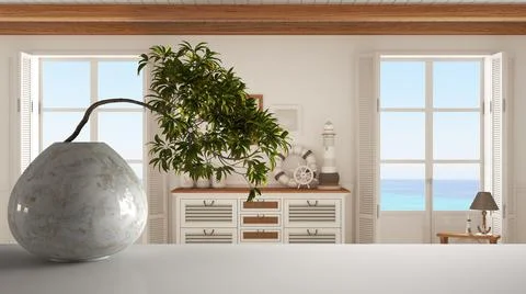 White mat table shelf with round marble vase and potted bonsai, green leaves, Stock Illustration