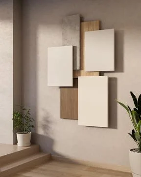 White material board with plank and marble piece decorate on wall over wood.. Ilustração Stock