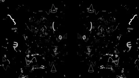 White mathematics symbols and formulas floating toward the camera on a black Vídeo Stock 344781672
