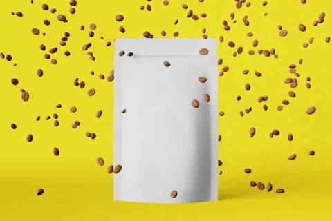 White matte pouch bags falling coffee beans yellow 3D rendering. Merchandis.. Stock Illustration