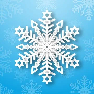 A white matte snowflake on a blue background. Paper snowflake with 3d effect Stock Illustration