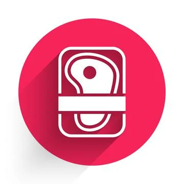 White Meat packaging steak icon isolated with long shadow. Fresh meat beef steak Stock Illustration
