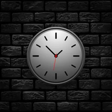 White mechanical clock on a dark black brick wall Stock Illustration