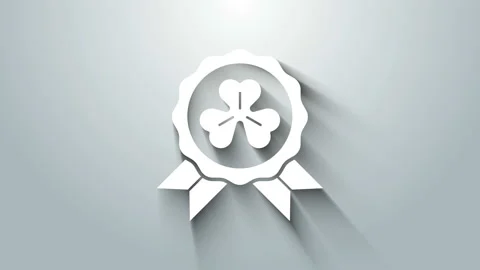 White Medal with four leaf clover icon isolated on grey background. Happy Saint Stock Footage 145731900