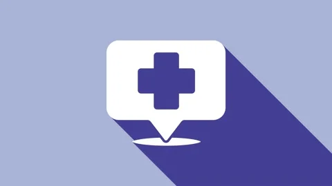 White Medical map pointer with cross hospital icon isolated on purple background Video stock 148292419