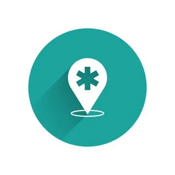 White Medical map pointer with cross hospital icon isolated with long shadow Stock Illustration