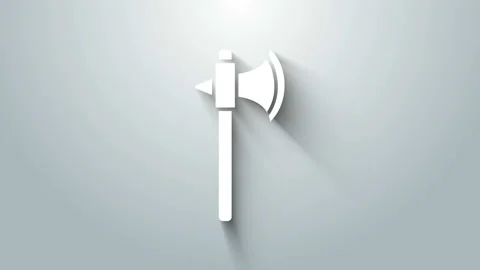 White Medieval axe icon isolated on grey background. Battle axe, executioner axe Stock Footage 145859838
