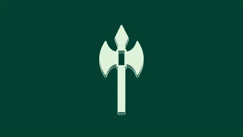 White Medieval axe icon isolated on green background. Battle axe, executioner Stock Footage 236001787