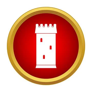 White medieval castle tower icon on red button Stock Illustration