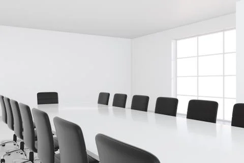 White meeting room with panoramic window. 3d rendering Illustrazione stock