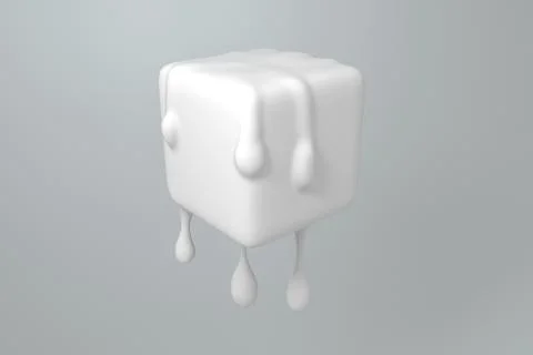 White melting cube with liquid drop details, 3d rendering Stock Illustration