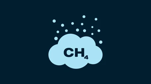 White Methane emissions reduction icon isolated on blue background. CH4 molecule Stock Footage 230011081