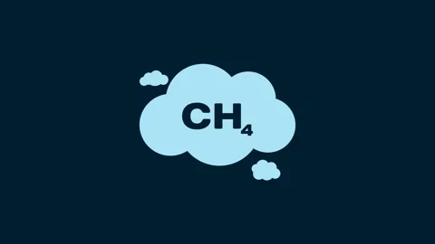 White Methane emissions reduction icon isolated on blue background. CH4 molecule Stock Footage 230011092