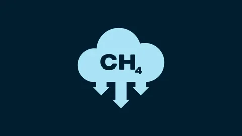 White Methane emissions reduction icon isolated on blue background. CH4 molecule Stock Footage 230011104