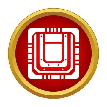 White microchip symbol on a red circle with a golden border Stockillustratie