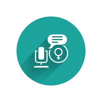 White Microphone icon isolated with long shadow background. On air radio mic Illustrazione stock