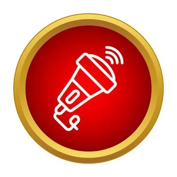White microphone transmitting sound waves in round red icon Stock Illustration