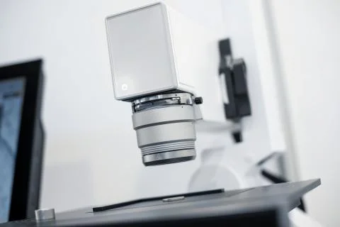 White microscope close-up photo inside laboratory Stock Photos