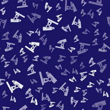 White Microscope icon isolated seamless pattern on blue background. Chemistry Stock Illustration