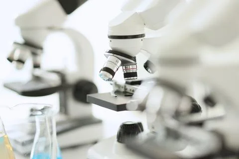 White microscopes standing in row in laboratory Stock Photos