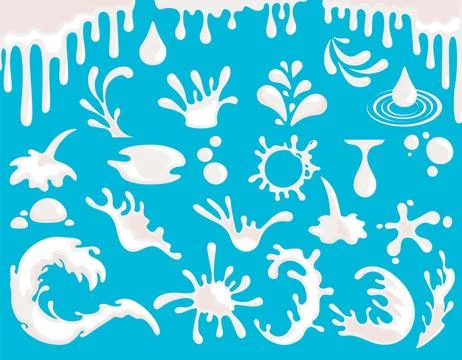White milk splashes, waves, drops in flat style set. Yogurt splatters and c.. Stock Illustration