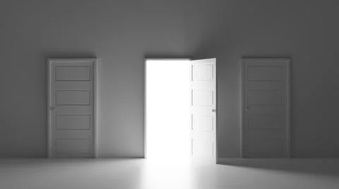 White minimal open door and bright light between two closed door 3D render il Stock Illustration