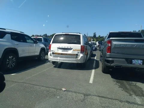 White minivan marked Camper Van Rentals parked in Oregon lot Фото