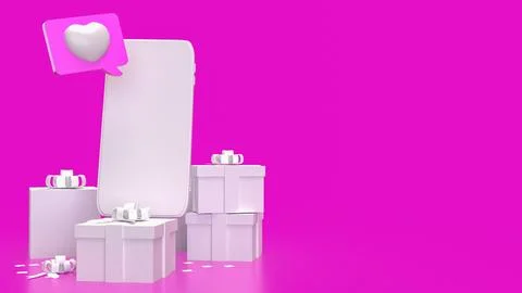 White Mobile and Gift box on pink  Background 3d rendering. Stock Illustration