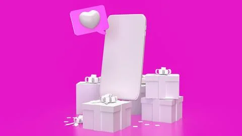 White Mobile and Gift box on pink  Background 3d rendering. Stock Illustration