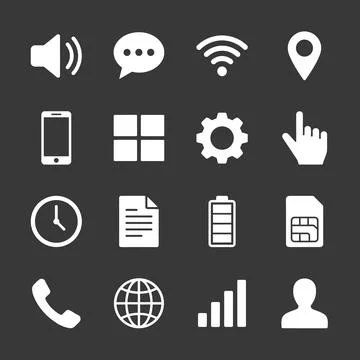 White mobile phone interface icons on dark gray background including speake.. Stock Illustration