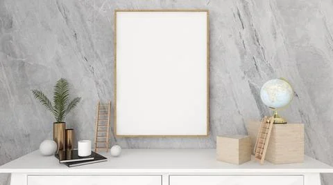 White mock up frame in home modern design and minimal vintage style on the table Stock Illustration