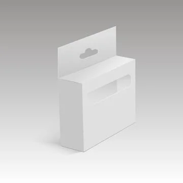 White mock up product package box with plastic window for pencils, pens. Vector. Stock Illustration