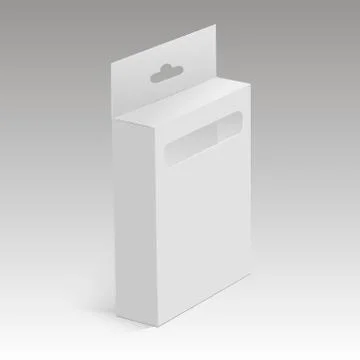 White mock up product package box with plastic window for pencils, pens. Vector. Stock Illustration