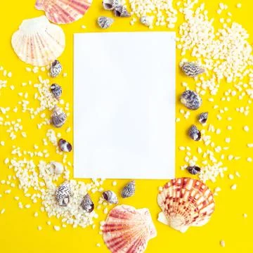 White mockup blank with seashells frame on bright yellow background. Travel c Stock Photos