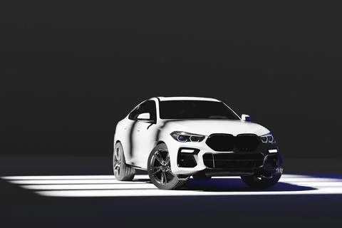 White Modern Coupe SUV Left Front View with Wheels Turned Left on Dark Back.. Stock Illustration
