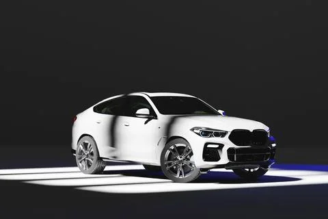 White Modern Coupe SUV Left Front View with Wheels Turned Left on Dark Back.. Stock Illustration
