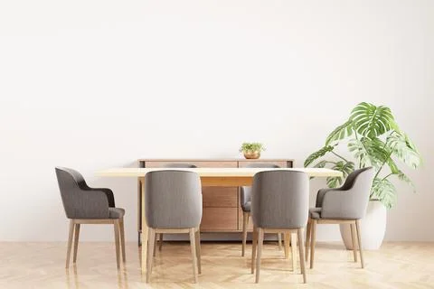 White Modern dining room interior with stylish comfortable wooden table and c Stock Photos